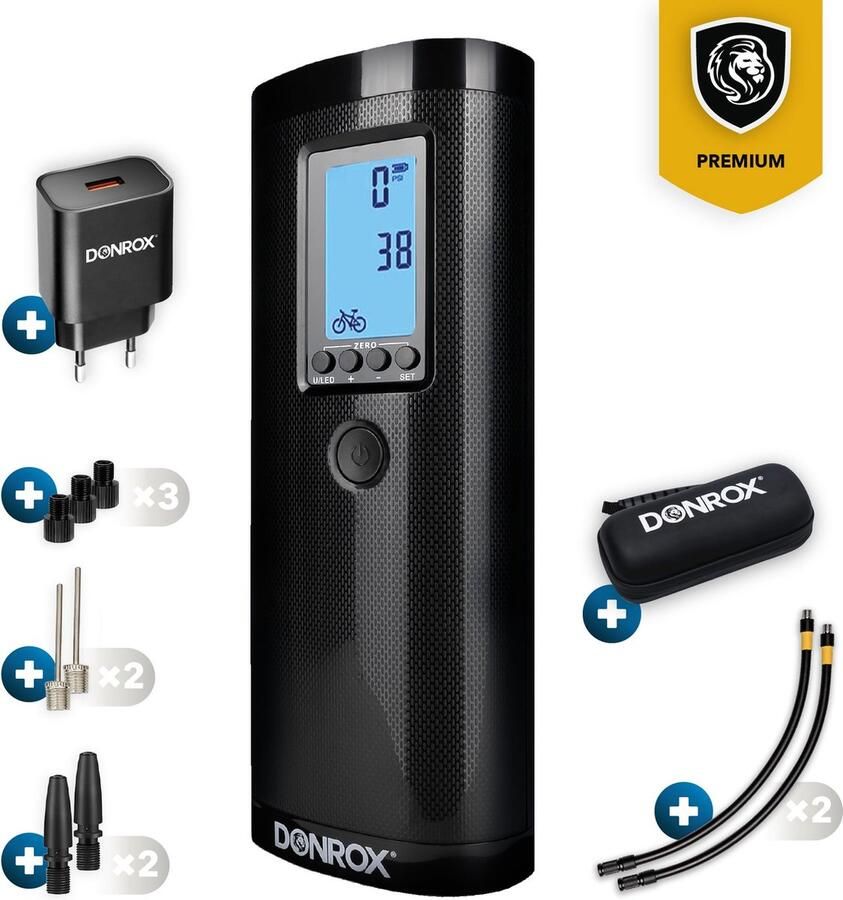 DONROX Ride F511 Draagbare Compressor Bandenpomp + Onderdelenpakket + Oplader Luchtcompressor Oplaadbaar Fiets Tot Auto Elektrische Fietspomp