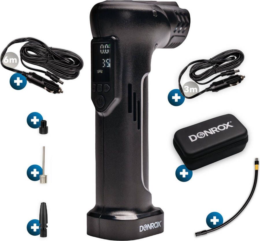 DONROX Ride A922 Draagbare Compressor Bandenpomp + 12Volt 6 meter kabel 12V Luchtcompressor Oplaadbaar Fiets Tot Camper Elektrische Fietspomp