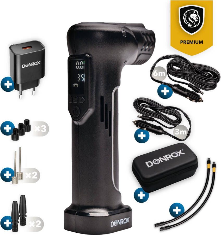 DONROX Ride A922 Draagbare Compressor Bandenpomp + Oplader + 12volt 6 meter kabel 12V Luchtcompressor Oplaadbaar Fiets Tot Camper Elektrische Fietspomp