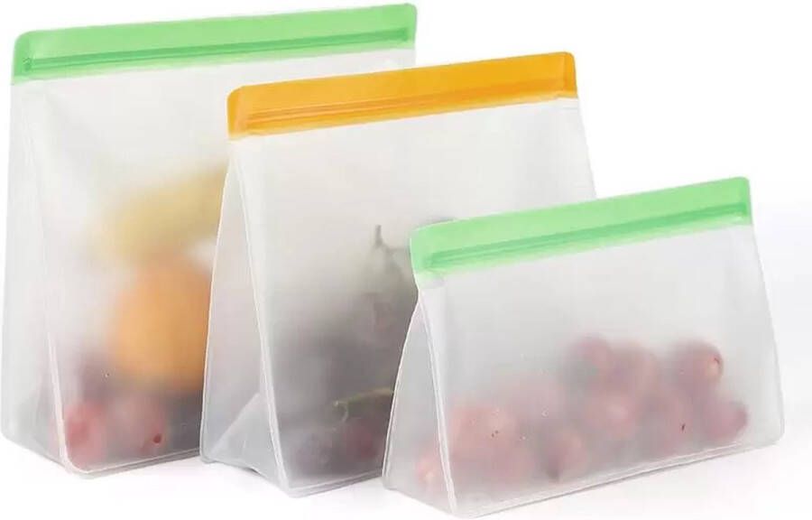 Doodadeals Siliconen Vershoudzakken Foodsaver Hersluitbare Zakjes Siliconen Diepvrieszakken Vershoudzakjes Ziplock Bags Multicolor Set van 3