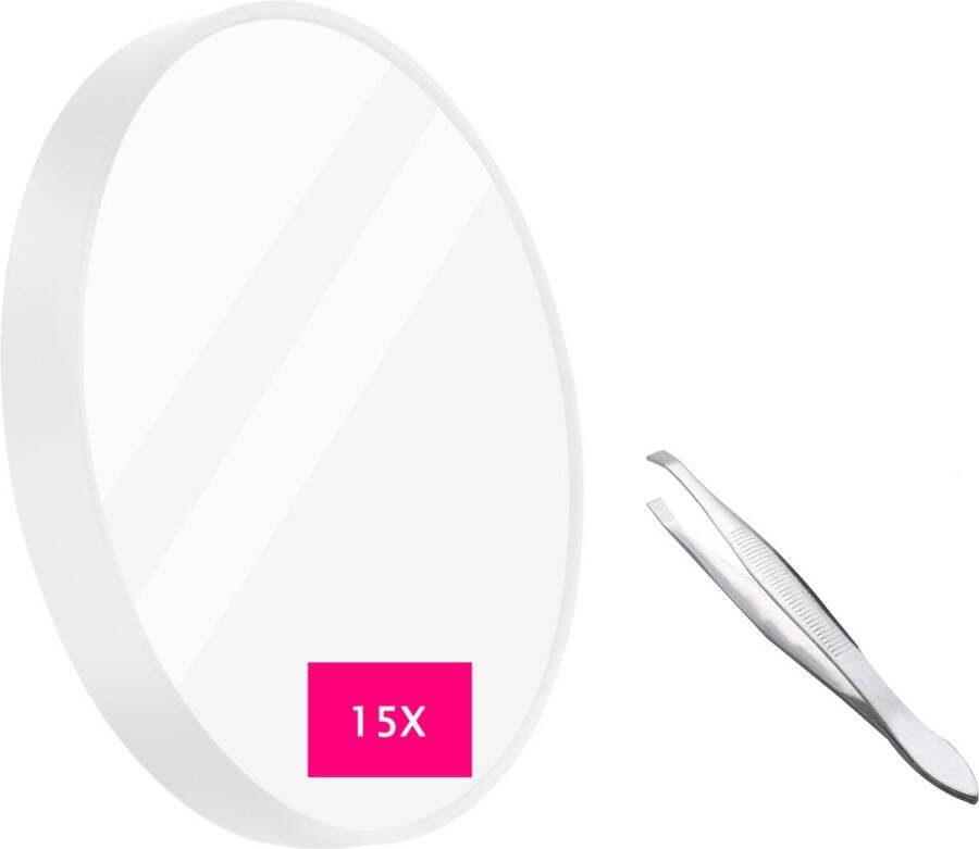 Doodadeals Vergrootspiegel 15 x Vergroting – Met Zuignap – Met Pincet ø 7 cm – Toilettas Formaat Wit