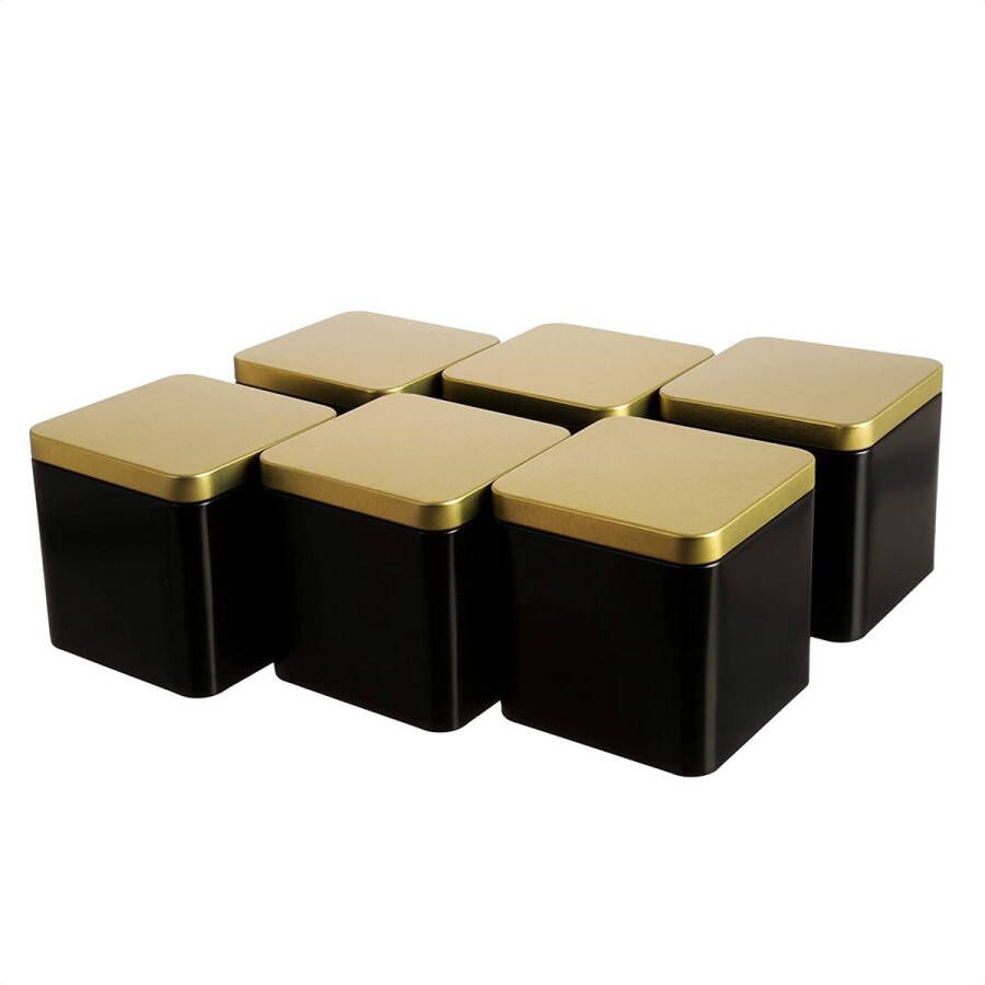 Dosenritter 6 x edele vierkante theedoos voorraaddoos zwart-goud aromadicht van metaal voor elk 150 g thee 9 x 9 x 9 cm (H B D) ook ideaal als kruidenpotje