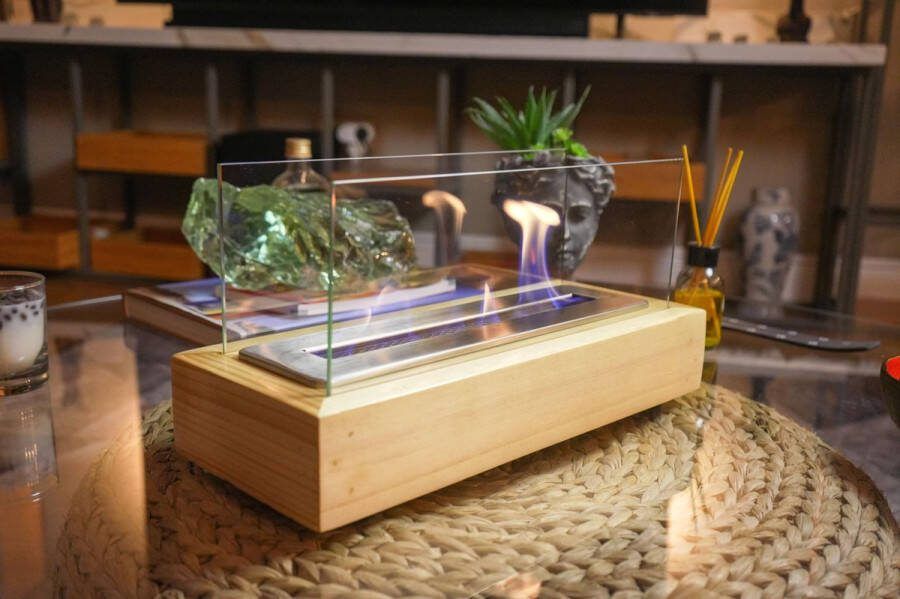 Double T Concept Juno Naturel Bio Ethanol Sfeerhaard Tafelhaard Vuurkorf Terrashaard Verwarming Natuurlijk Hout 40x16x21cm