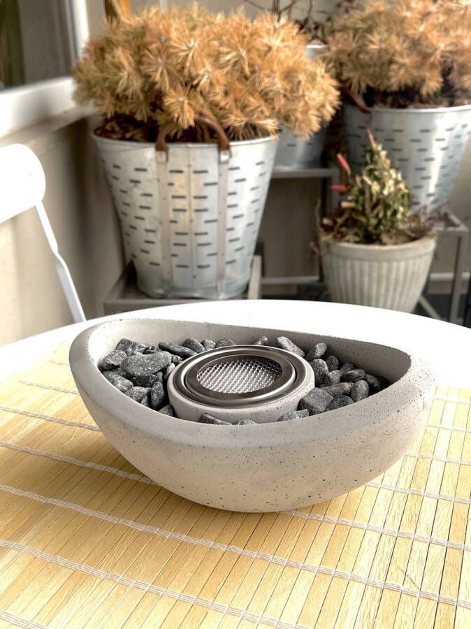 Double T Concept Oval Beton Schaal Brand Tot Wel 90min Bio Ethanol Sfeerhaard Tafelhaard Vuurkorf Terrashaard Verwarming Natuurlijk Hout 23x16x9cm