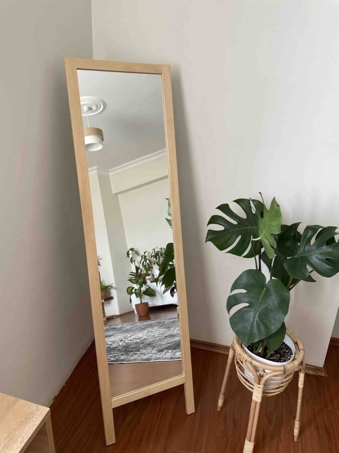 Double T Concept Staande Spiegel Naturel – Spiegels – Passpiegel Hout Visagie spiegel Wandspiegel 40 x 145cm