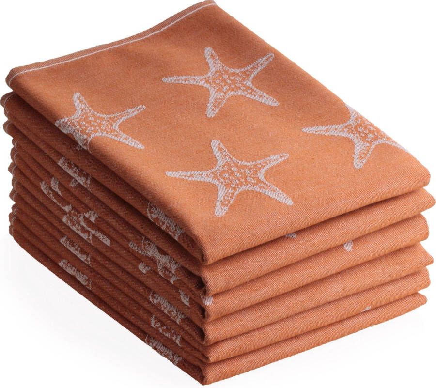 Seashell Luxe theedoeken 6 stuks patroon oceaan terracotta 50x70cm