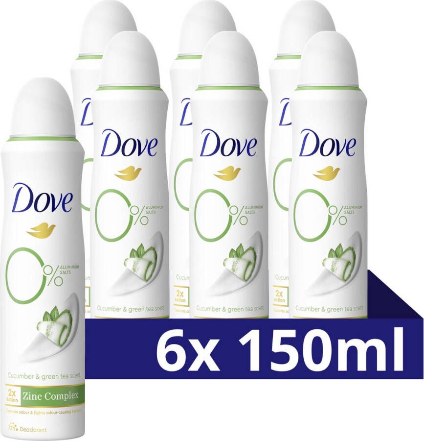 Dove 0% Aluminiumzouten Deodorant Spray Cucumber & Green Tea bevat het 2x Action Zinc-Complex met Zinc Zap-technologie 6 x 150 ml