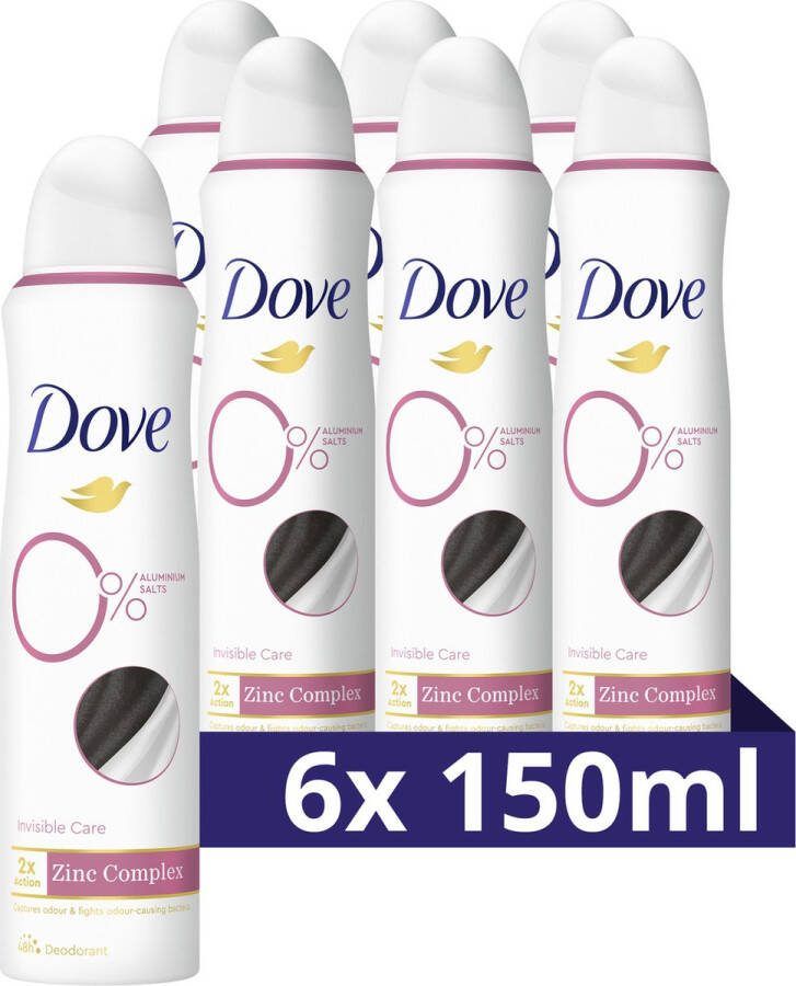 Dove 0% Aluminiumzouten Deodorant Spray Invisible Care bevat het 2x Action Zinc-Complex met Zinc Zap-technologie 6 x 150 ml