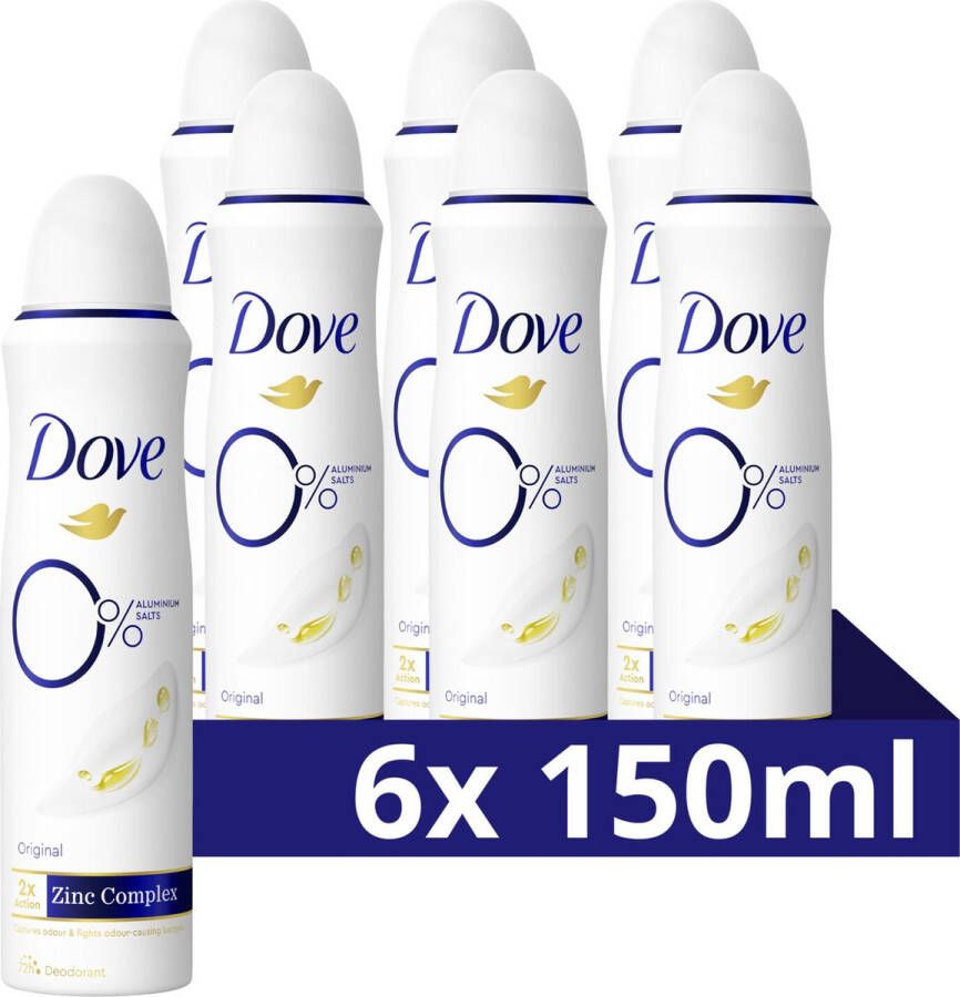 Dove 0% Aluminiumzouten Deodorant Spray Original bevat het 2x Action Zinc-Complex met Zinc Zap-technologie 6 x 150 ml