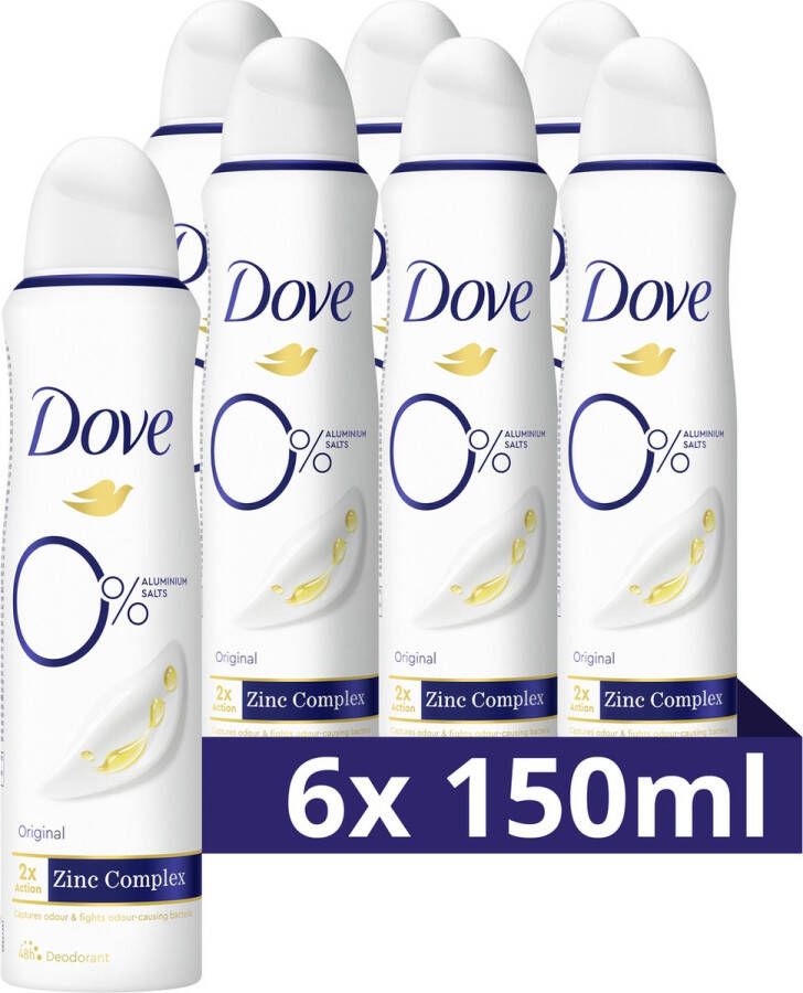 Dove 0% Aluminiumzouten Deodorant Spray Original bevat het 2 x Action Zinc-Complex 6 x 150 ml