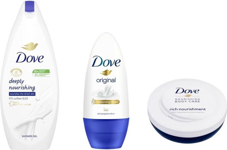 Dove Deeply Nourishing Douchegel 250 ml + Deo Roller Original + Bodycreme Rich Nourishment 75 ml