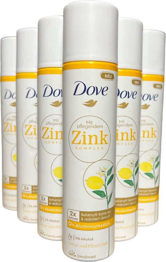 Dove Deodorant Spray met voedend Zinkcomplex 0% Aluminium Citrus- en Perzikgeur 6 x 100 ml Voordeelverpakking