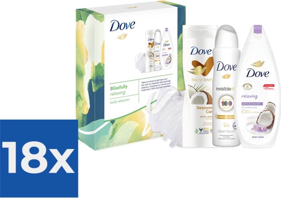 Dove Geschenk  Blissfully Relaxing Douchegel 225 ml- Bodylotion 250 ml- Deospray 150 ml & Puff Voordeelverpakking 18 stuks