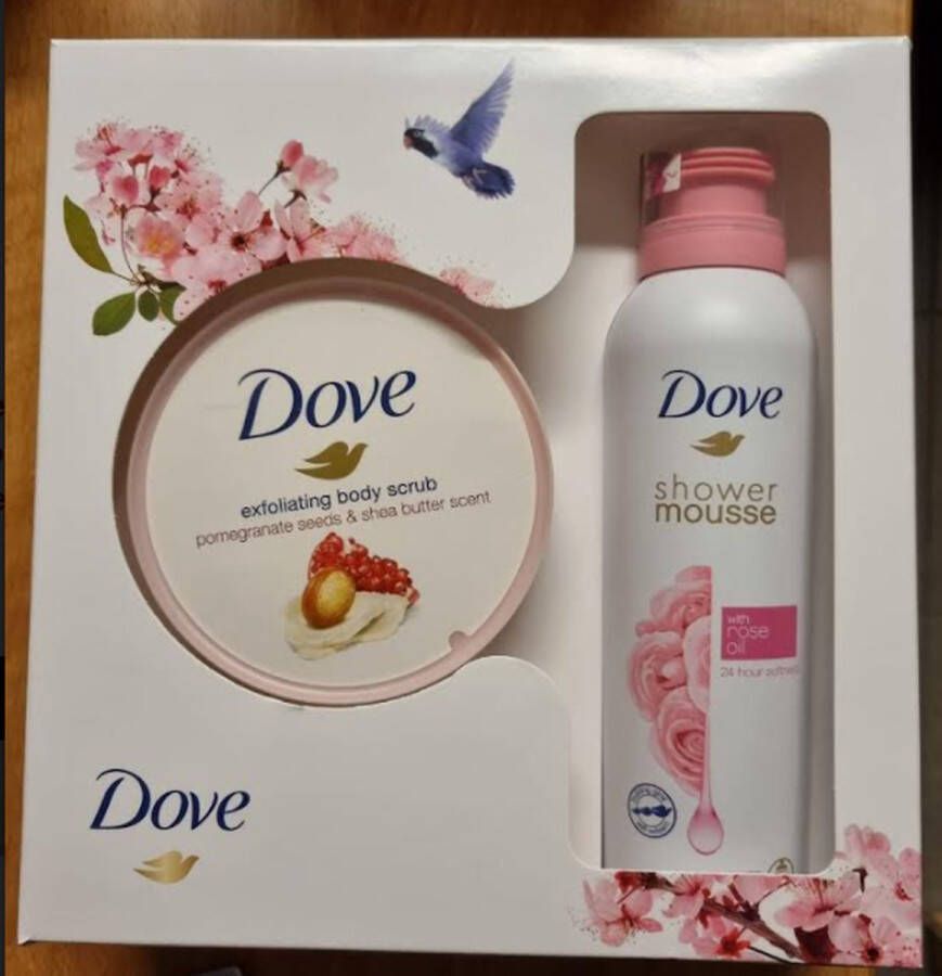 Dove Verwenpakket Geschenkverpakking 200ml Shower Mousse + 225ml Body Scrub Rose Oil & pomegrenate