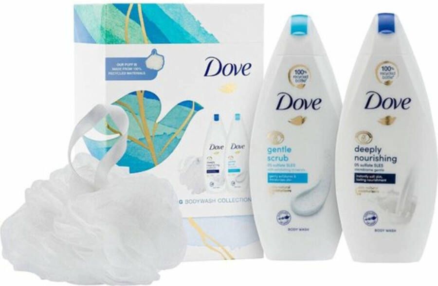 Dove Gently Nourishing Geschenkset Douchegel 225 ml + Scrub Douchegel 225 ml + Douchepuff 1 set