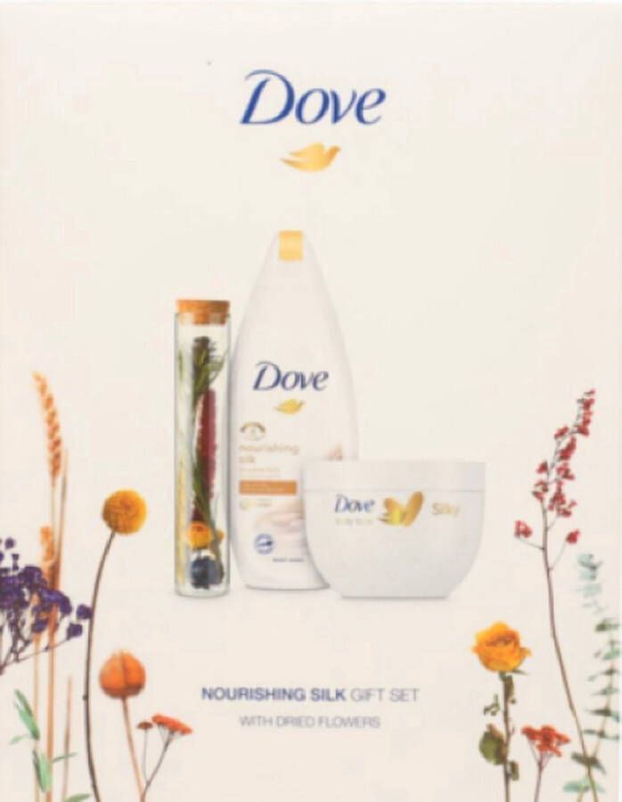 Dove Geschenk – Nourishing Silk Douchecrème 250 ml Bodycrème 300 ml en Droogbloemen in glazen buisje