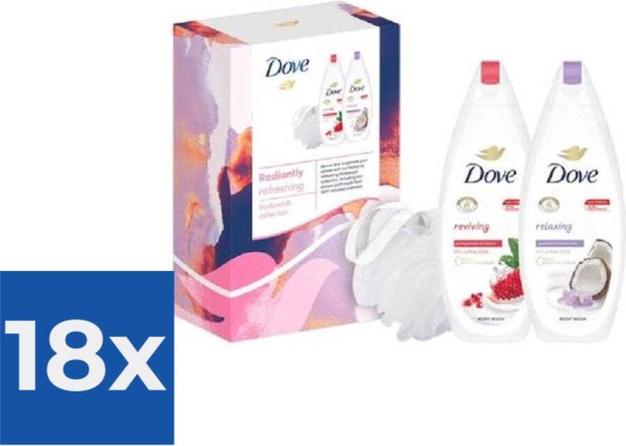 Dove Geschenk  Radiantly Refreshing 2x Douchegel 225 ml & Puff Voordeelverpakking 18 stuks