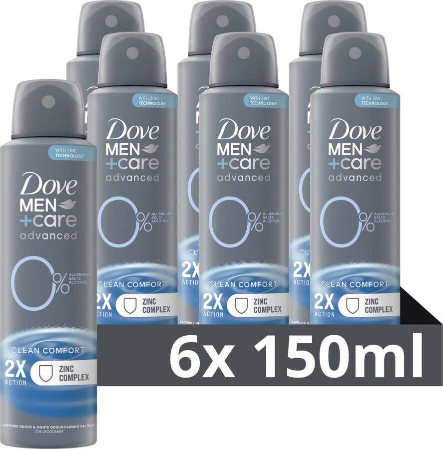 Dove Men+Care Advanced 0% Deodorant Spray Clean Comfort zonder aluminiumzouten en alcohol 6 x 150 ml