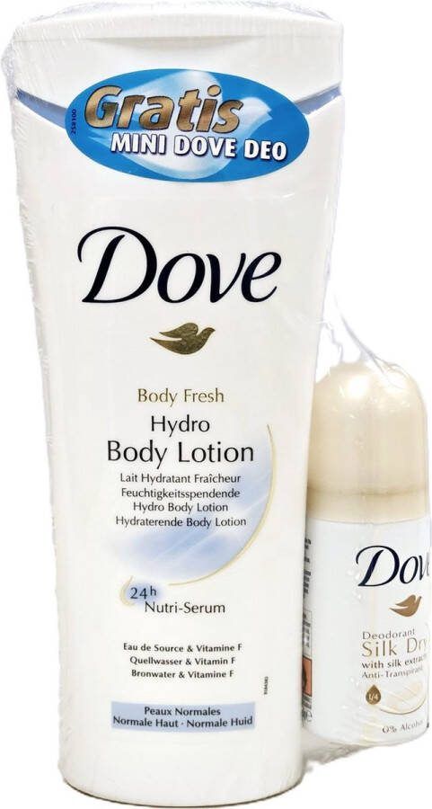 Dove Nutri E Body Milk 24H Nutri-Serum 400ml + Silk Dry Deo Voordeelverpakking