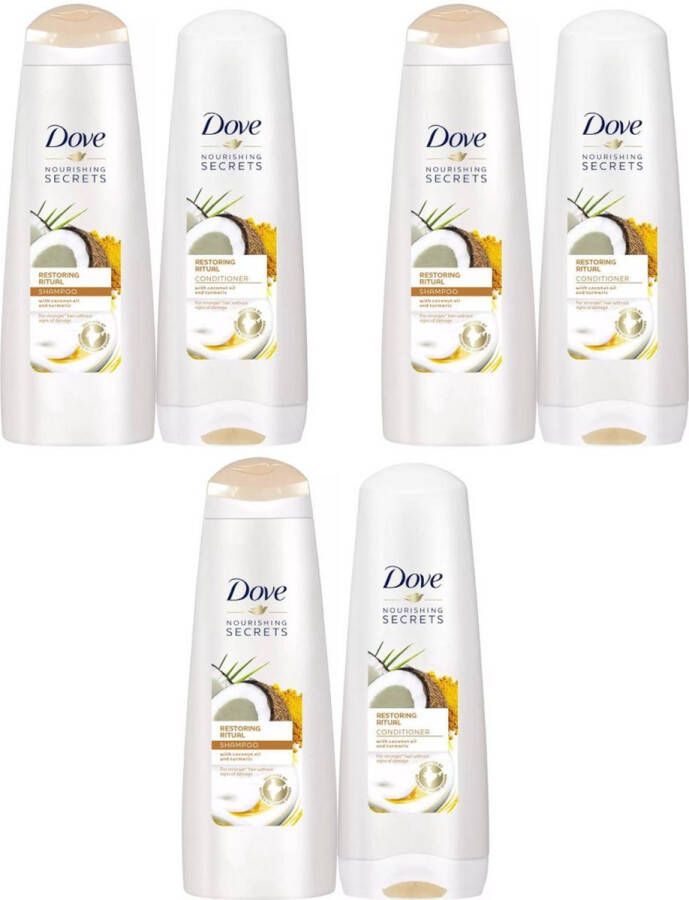 Dove Shampoo Restoring 3 x 250 ml + Conditioner Restoring 3 x 200 ml Met kokosnootolie en Kurkuma