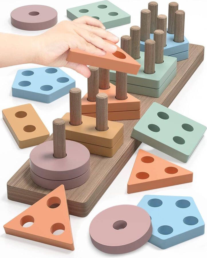 DOWO Montessori Toys Houten puzzel Educatief 5 kleuren Sensorisch Vormsorteerder Houten speelgoed voor peuters 1-3 jaar Houten speelgoed 18m