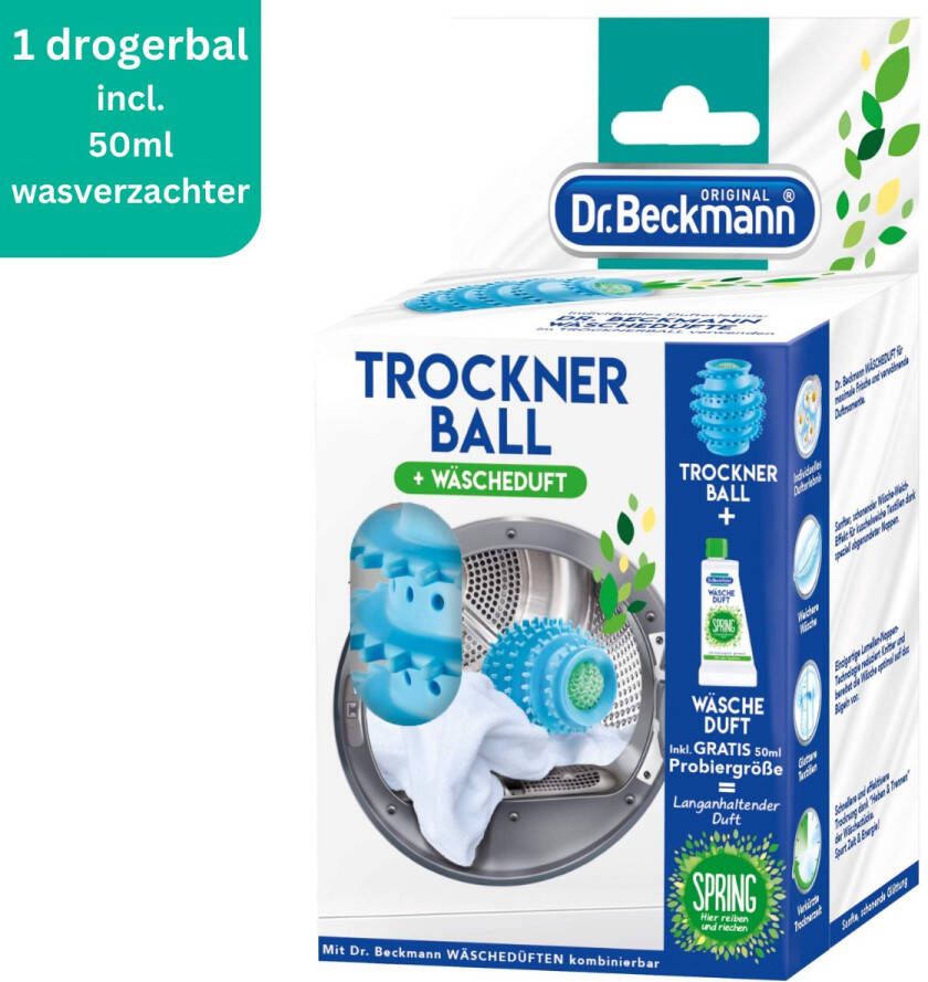 Dr. Beckmann Drogerbal + Wasgeur 50ml Wasbol Droogbal voor Wasdrogers Droogkasten Herbruikbaar Vegan Milieuvriendelijk