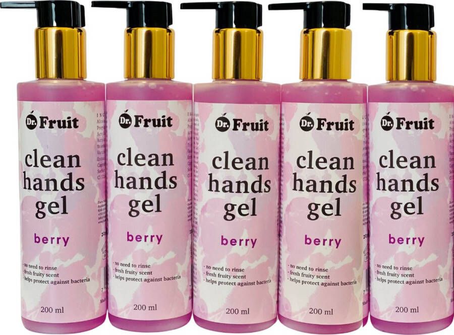 Dr. Fruit 5x voordeelverpakking handgel met bosbessengeur 200 ml handpompje met alcohol kleeft niet ruikt lekker