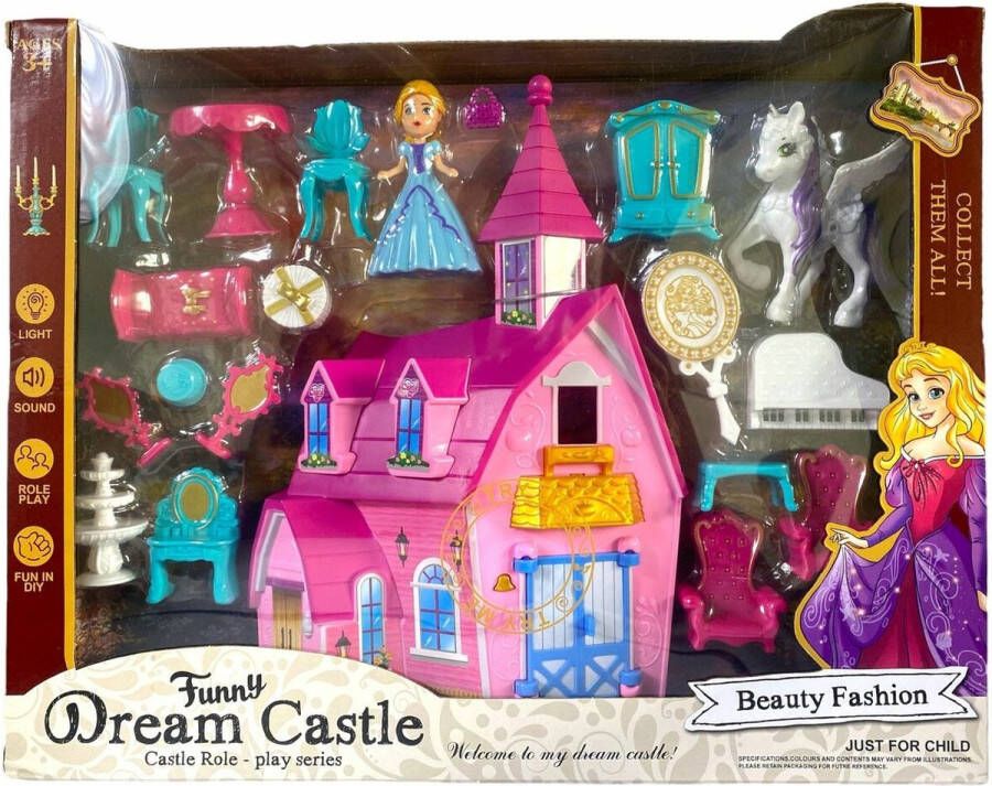 Dream Castle set Prinsessenkasteel 19 accessoires met prinsesje + pony licht en geluid poppenhuis