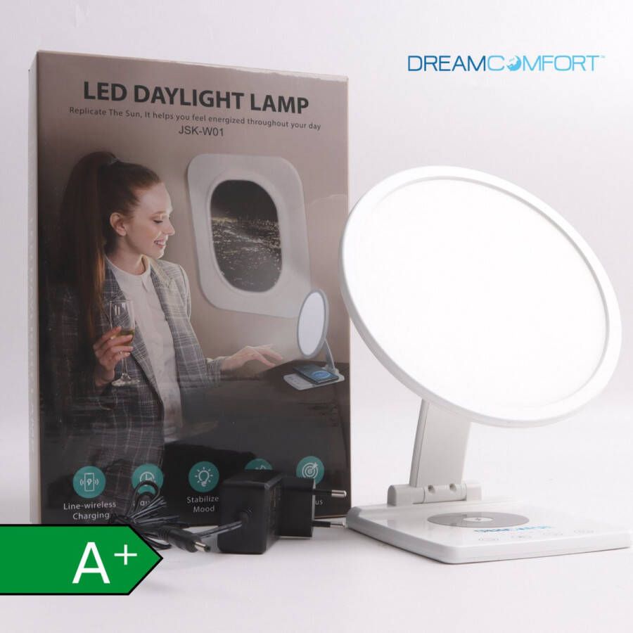 DreamComfort™ Daglichtlamp: Full Spectrum LED zonlichtachtige bureaulamp voor thuis en kantoor 10.000 LUX Lichttherapie Daylight Therapy Incl. draadloze oplader voor mobiel Verbetert stemming energie en slaap Anti Winterdepressie
