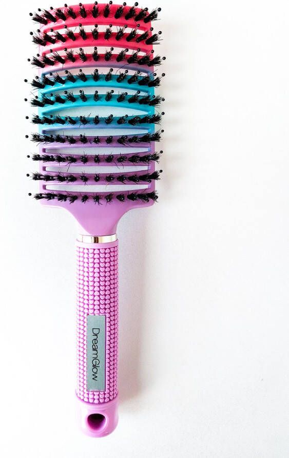 DreamGlow Haarborstel Antiklit Multi Roze Blauw Paars haarborstel Detangle Brush kappers borstel| ontwarrend haar| Curved Ronde| haar borstel varkenshaar zwijnenhaar Regenboog
