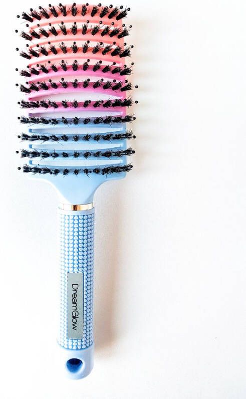 DreamGlow Haarborstel Antiklit Multi Zalm Roze Blauw| haarborstel Detangle Brush kappers borstel| ontwarrend haar| Curved Rond haar borstel varkenshaar zwijnenhaar Regenboog