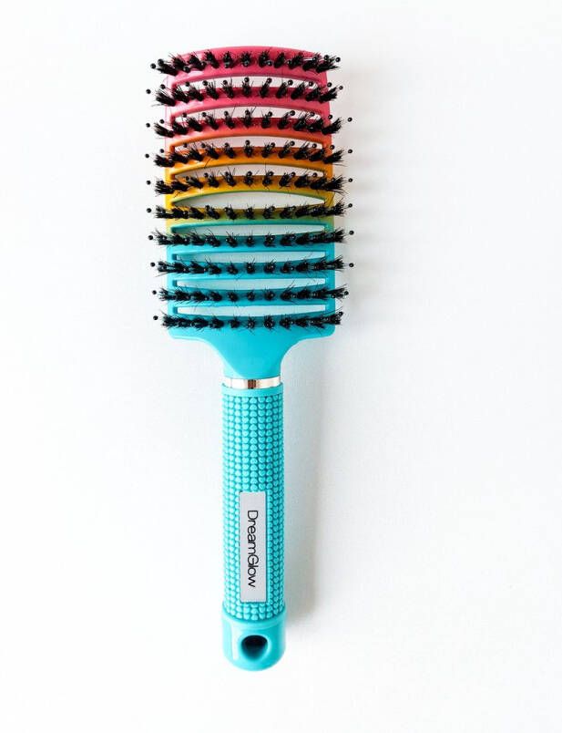 DreamGlow Haarborstel Antiklit Regenboog | haarborstel | Detangle Brush | kappers borstel| ontwarrend haar| Curved | Ronde| haar borstel | varkenshaar | zwijnenhaar |