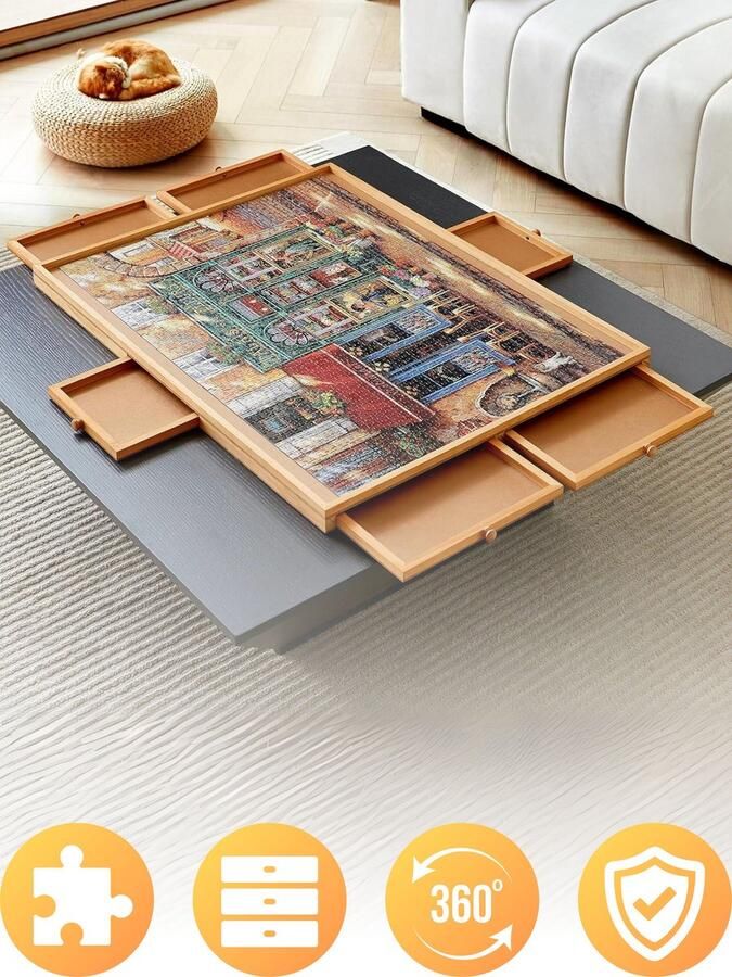 DreamGoodsAR DreamGoods Draaibaar Puzzelbord met Opbergsysteem 6 lades 1500 stukjes Houten Puzzeltafel Puzzelplank Puzzelmap Puzzelmat Portapuzzle Puzzelplaat Incl. Bescherm cover Puzzel