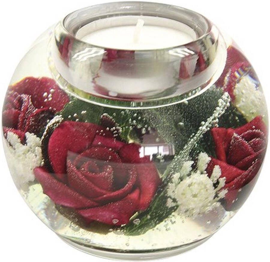 Dreamlight Design Traumlicht Waxinelichthouder met rode rozen Theelichthouder glas Bolvormig 9 cm diameter 7 cm hoog handmade