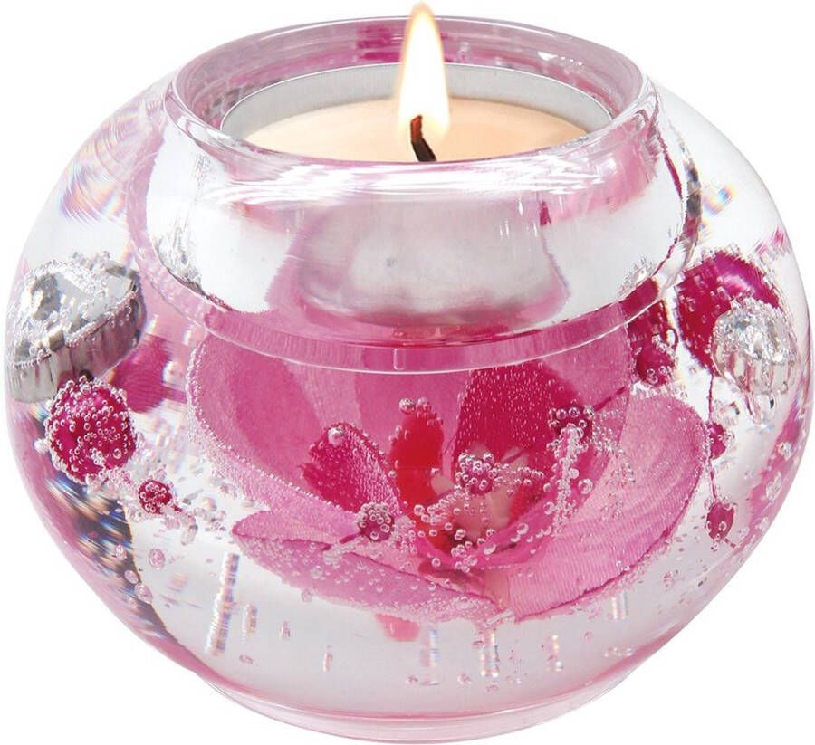 Dreamlight Design Traumlicht Waxinelichthouder Pink Orchid met roze bloemen Theelichthouder glas Bolvormig 8 cm diameter 6 cm hoog