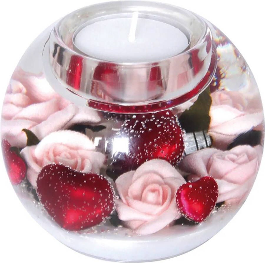 Dreamlight Design Traumlicht Waxinelichthouder Valentina rozen met hart Theelichthouder glas Bolvormig 8 cm diameter 6 cm Valentijnhoog