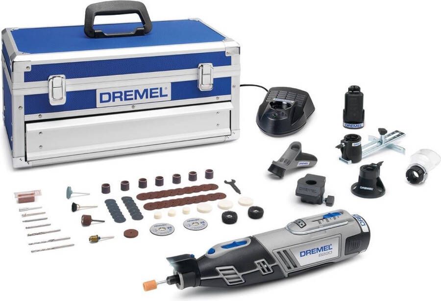 Dremel 8220JK (Model 8220 5 65 platinum editie 2 x 12 V 2 0 Ah Li-Ion accu 65 acc. detailhandgreep lijn-en cirkelgeleider snijgeleider bewerkingsplatform comfort guard lader & aluminium koffer)