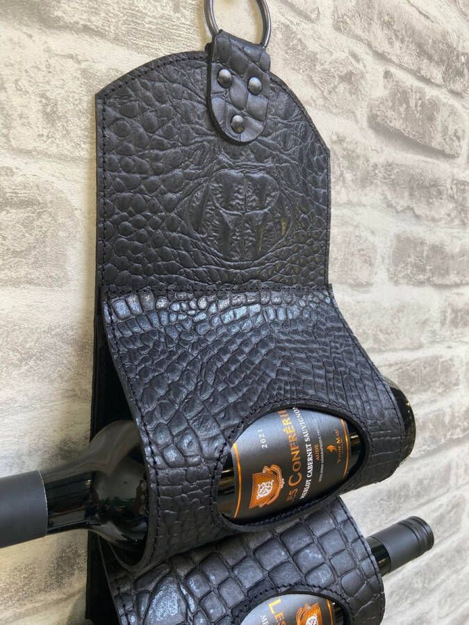 Dries Design D3SD wijnfles houder wijnflessen houder flessenhouder wijnrek flessenrek cognac rek whisky rek leder 6 zwart alligator gestikt