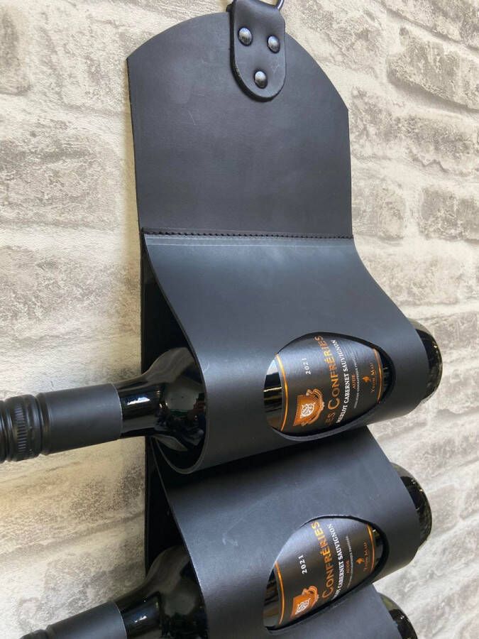 Dries Design D3SD wijnfles houder wijnflessen houder flessenhouder wijnrek flessenrek cognac rek whisky rek leder 6 zwart