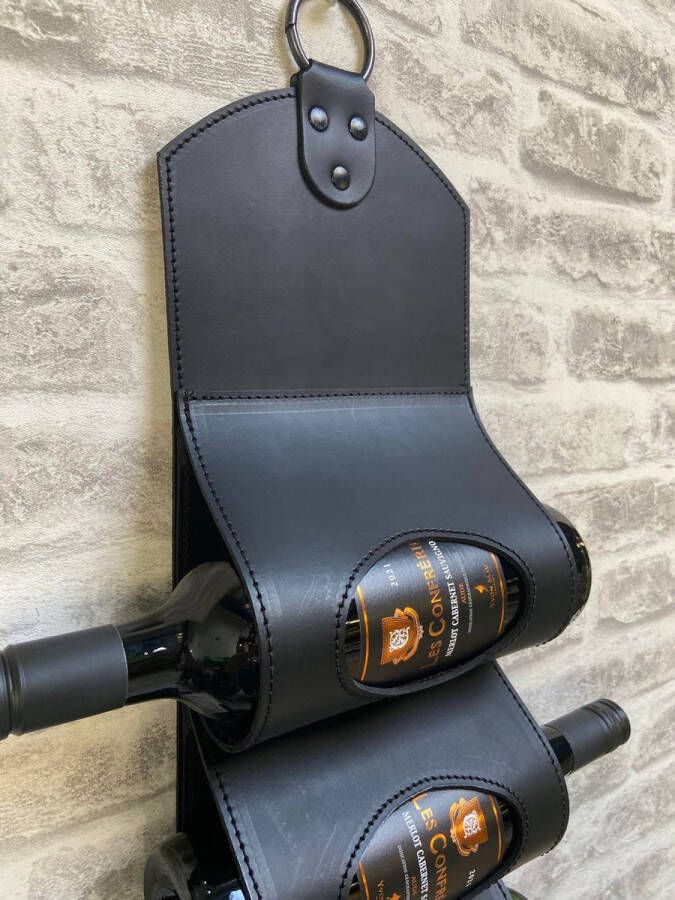 Dries Design D3SD wijnfles houder wijnflessen houder flessenhouder wijnrek flessenrek cognac rek whisky rek leder 6 zwart gestikt