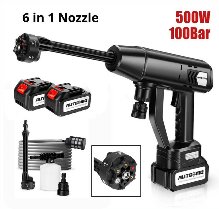 Dripio Draadloze Hogedrukreiniger 6 in 1 Nozzle Inclusief 2 accu's 100 Bar Werkdruk 500w Met Alle Bijbehorende Accessoires Zwart