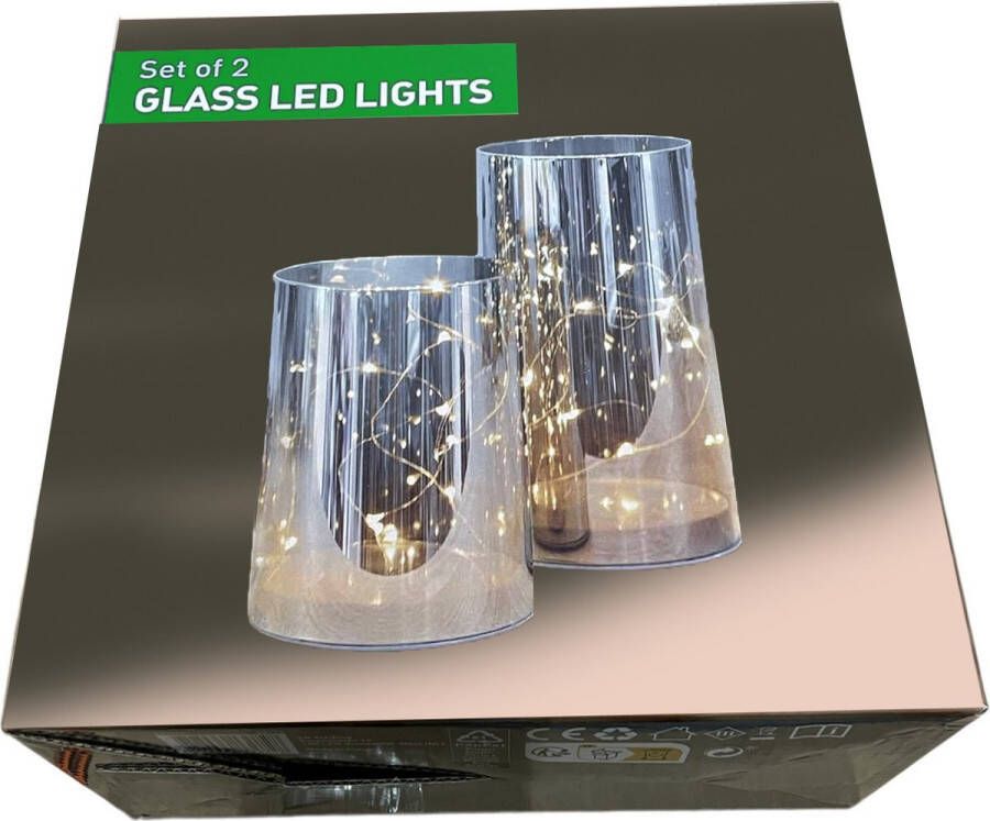 Merkloos Windlicht van glas met LED Zilver 2 stuks