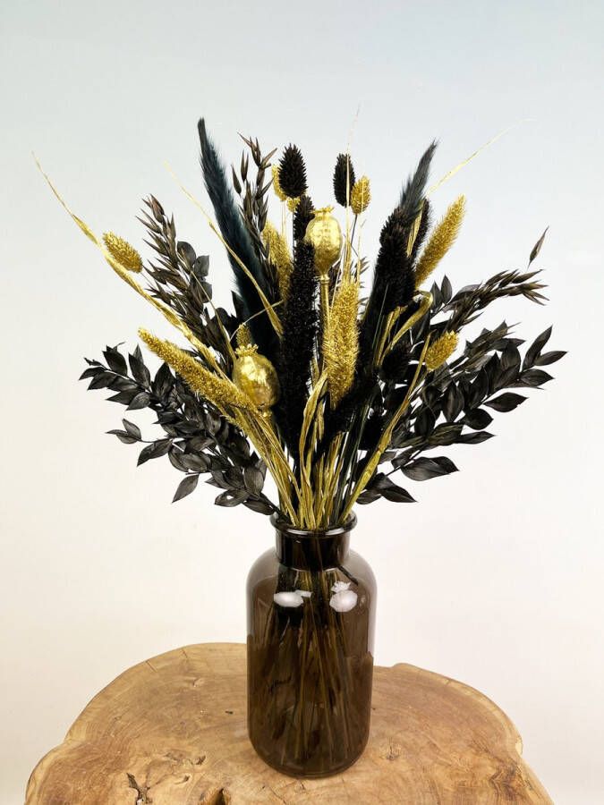 Droogbloemetjes.nl Droogbloemen boeket “Golden Ely” (Small) 40 cm Inclusief vaas Prachtig chique boeket Een klassieke uitstraling voor ieder interieur