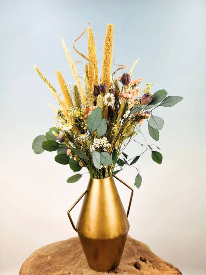 Droogbloemetjes.nl Droogbloemen boeket “Golden Iris” 55 cm Inclusief vaas Prachtig klassiek boeket Een chique uitstraling voor ieder interieur