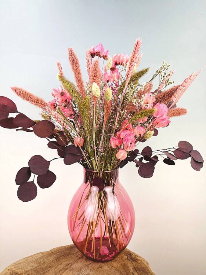 Droogbloemetjes.nl Droogbloemen boeket “Pink Bougainvillea” 50 cm Inclusief vaas Schitterend roze boeket Perfect voor ieder interieur
