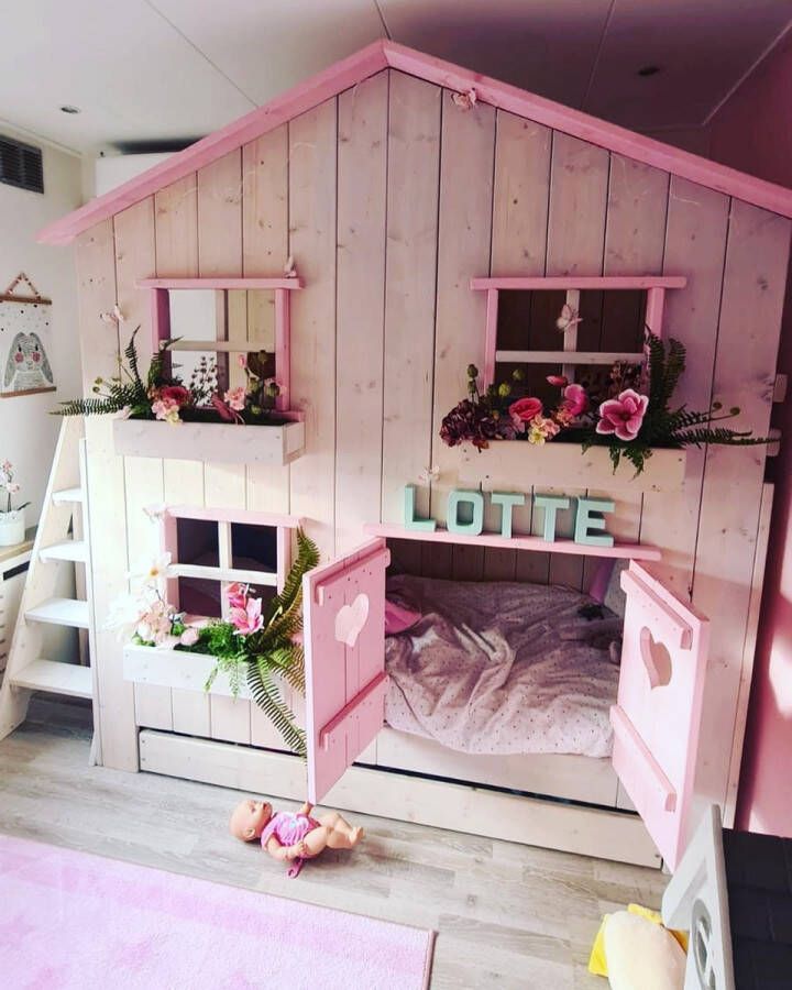 Droommeubel Concurrent Boomhutbed Roos | Steigerhout | Kinderbed | Bedhuisje | WhiteWash Met Roze