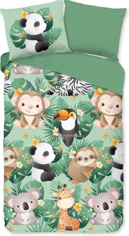 Droomtextiel KinderDekbedovertrek Aapje Koala Giraffe Dieren Groen 140x200 220 cm 100% Zacht Katoen