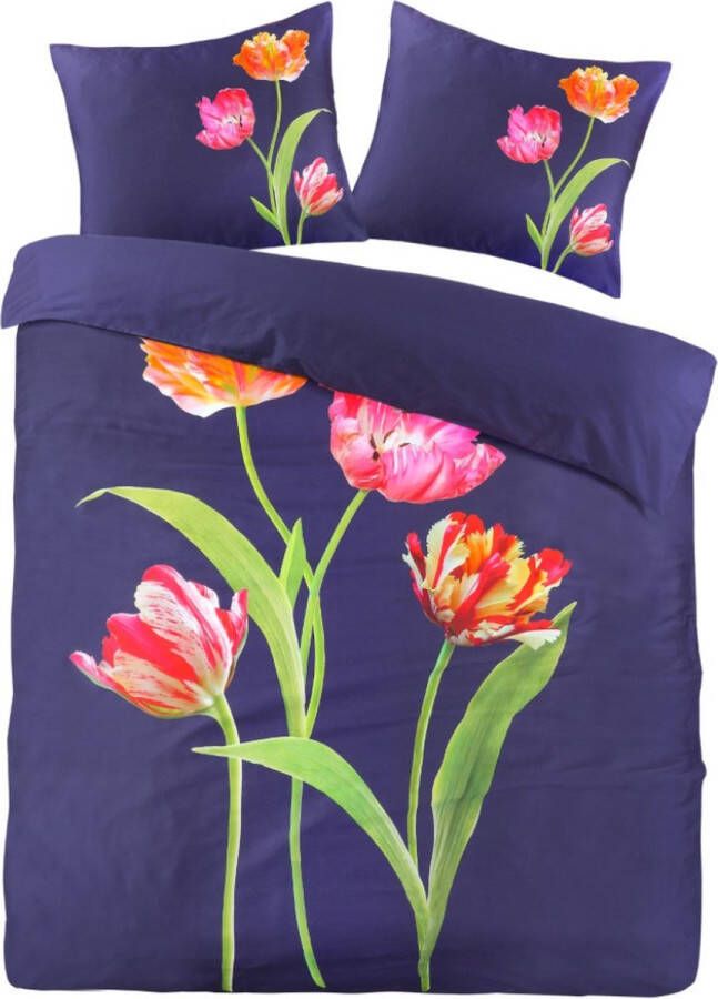 Droomtextiel Papillon Dekbedovertrek Katoen Satijn Tulips Navy -240x200 220 cm Super Zacht