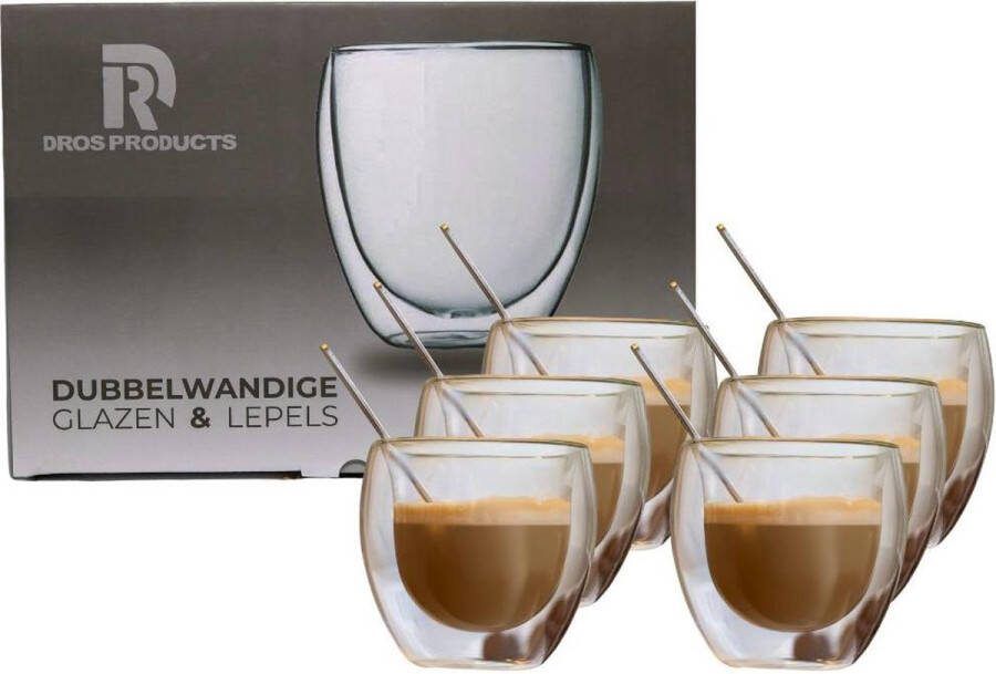 DROS Products *DROS Dubbelwandige glazen 250ml Koffie Cappuccino Thee Set van 6 stuks Roestvrijstaal lepels Vaatwasserbestendig 250ml