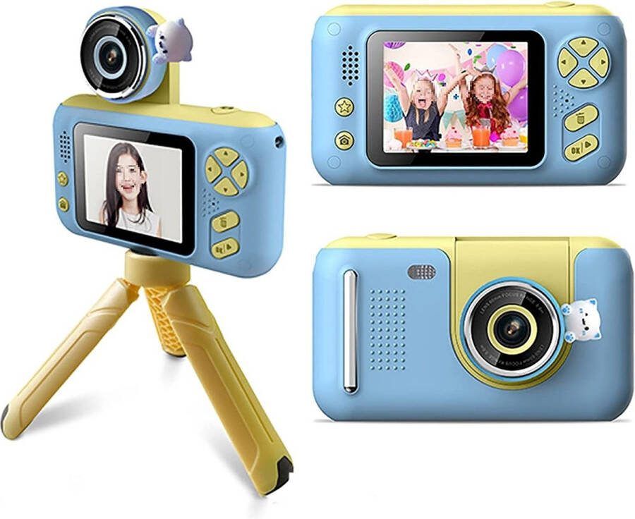 DrPhone PiXEL6 2.4 Inch LCD scherm KinderCamera – 180 Graden Flip Lens – Inclusief 32GB Micro SD + Statief Mini Digitale Foto Camera voor Kinderen Speelgoed Videocamera – Blauw Geel
